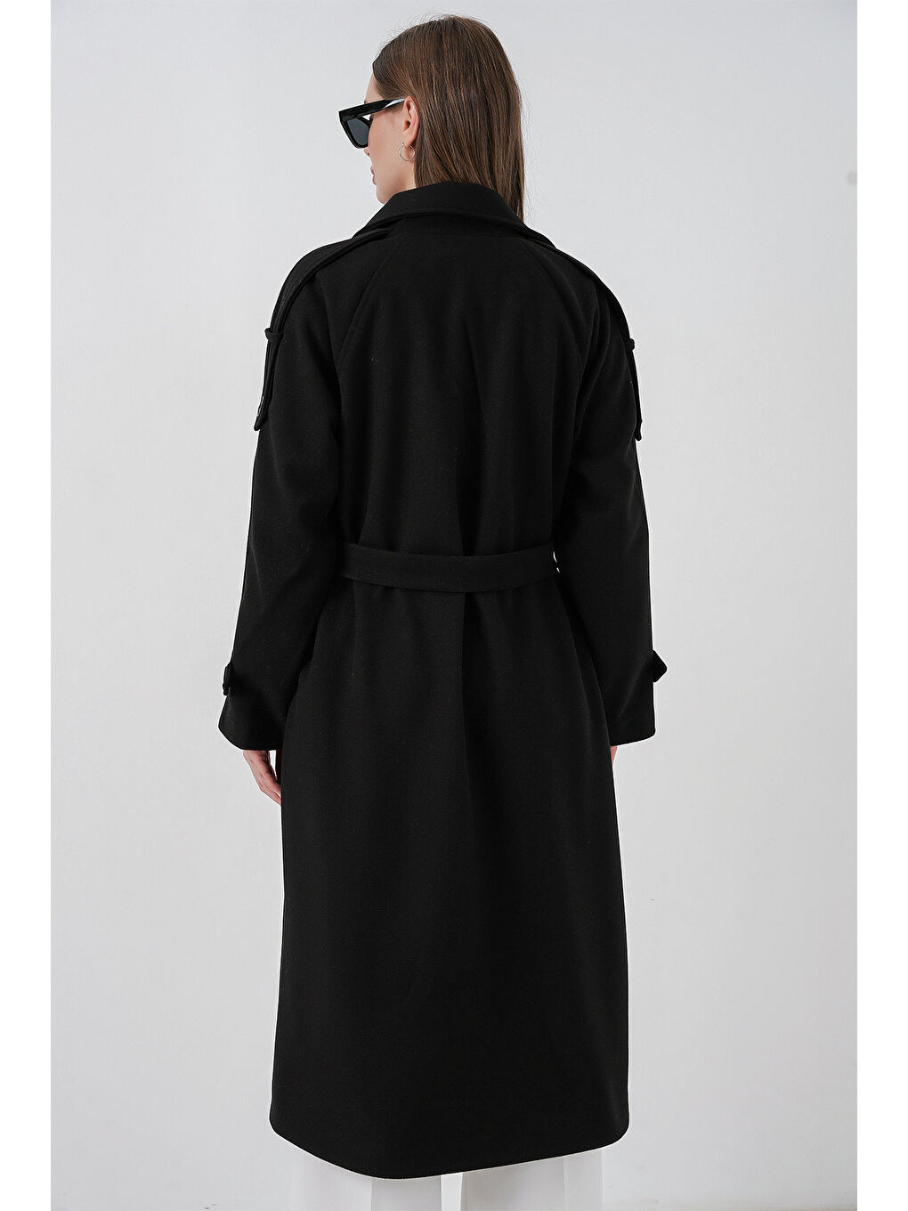 Kadın Kuşaklı Kaşe Kaban 9161 - Siyah-6