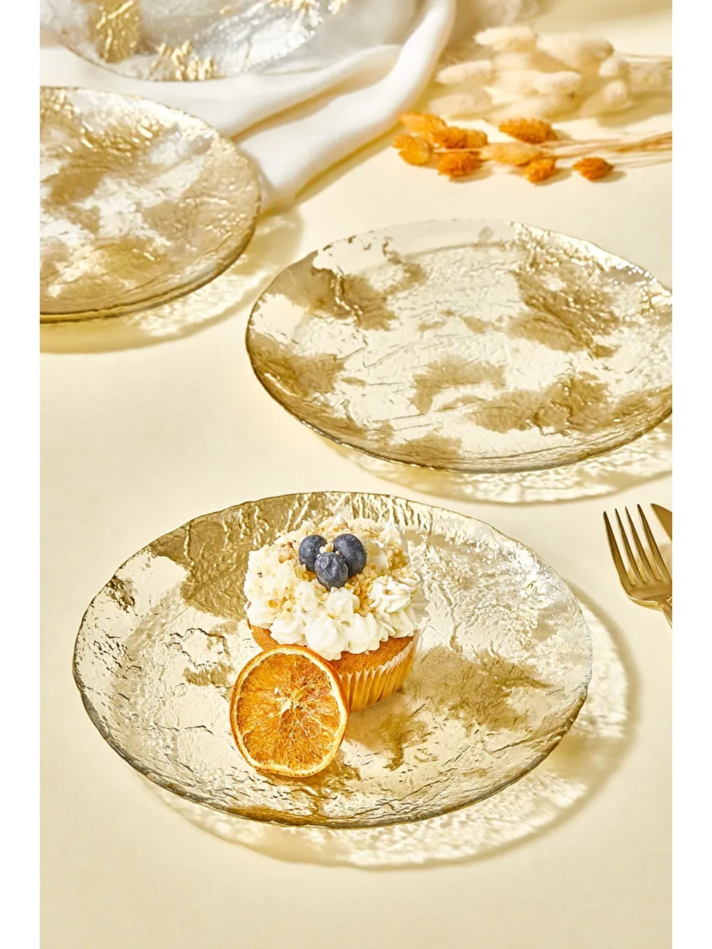 Sarı Marmo Altın 6 Parça Pasta/Kek/Tatlı Tabağı Seti-1