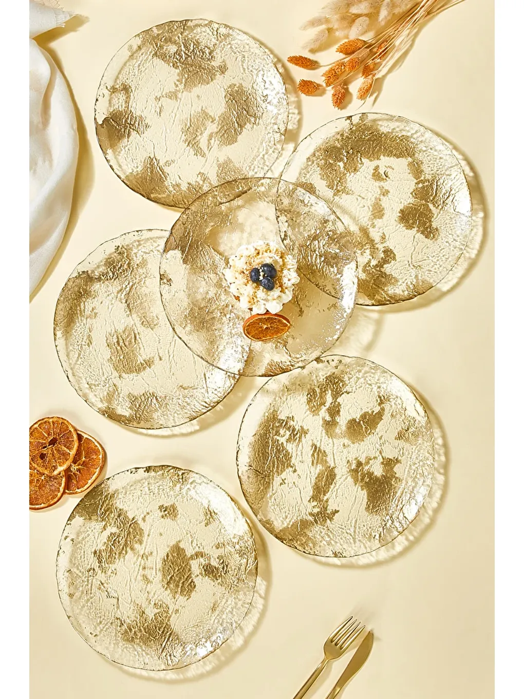 Sarı Marmo Altın 6 Parça Pasta/Kek/Tatlı Tabağı Seti-2