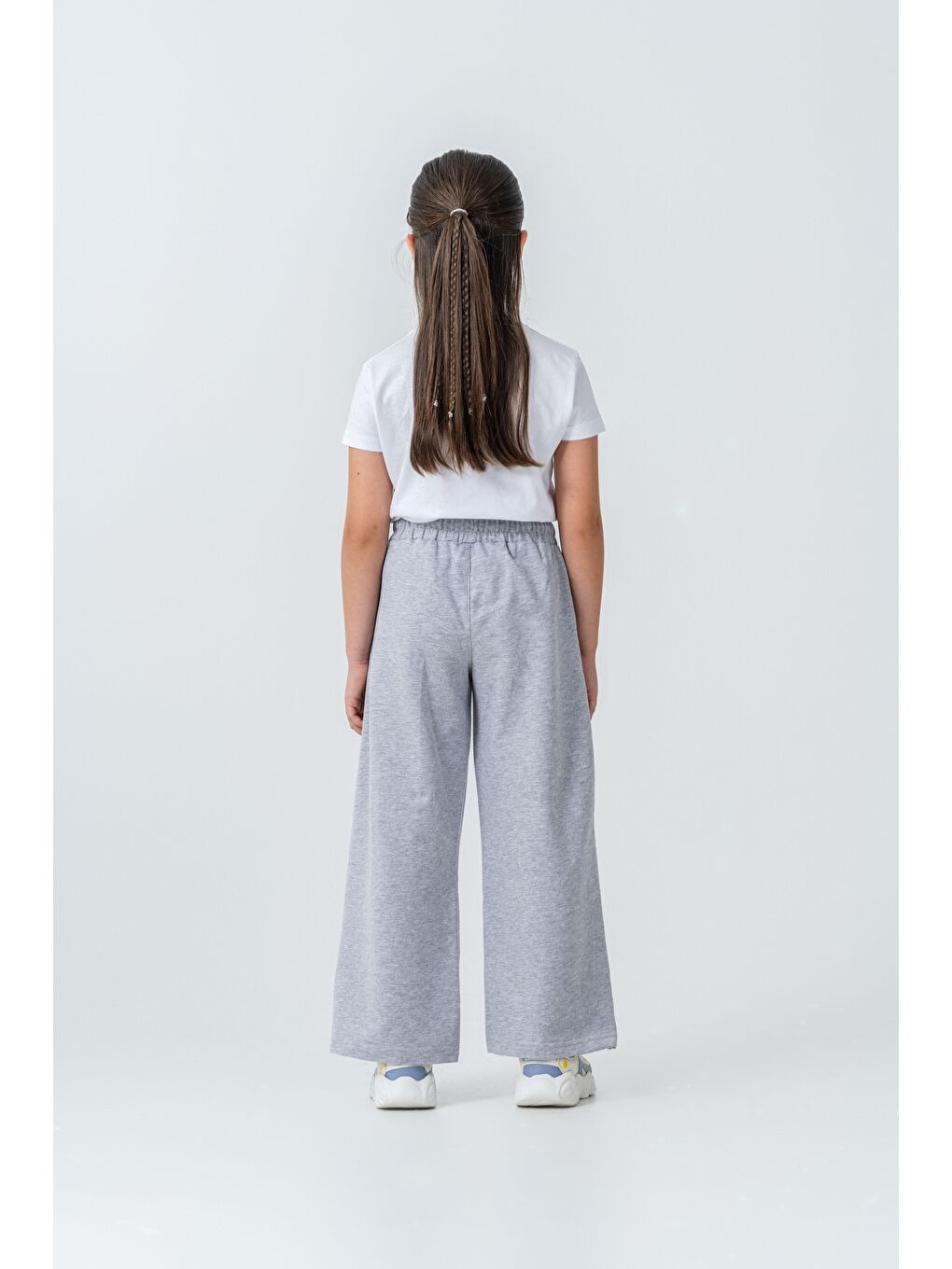 Gri Yanlar Grogren Şeritli Bol Paça Önü Baskılı Kız Çocuk Eşofman Altı-4