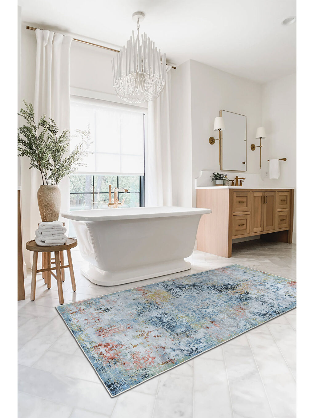 Mavi Dekoratif Özel Tasarım Yıkanabilir İnce Kaymaz Tabanlı Modern Halı KECE FR33-3