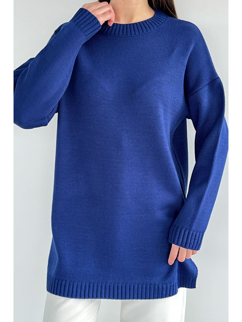 Lacivert Kadın Bisiklet Yaka Yırtmaçlı Triko Tunik-1