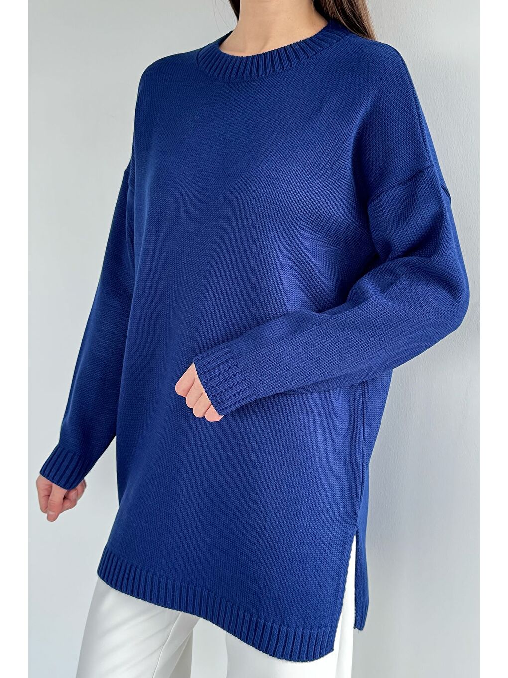 Lacivert Kadın Bisiklet Yaka Yırtmaçlı Triko Tunik-2