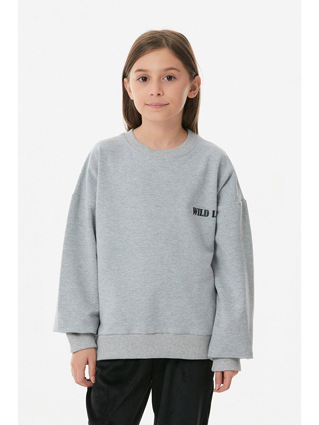 Gri Önü Ve Arkası Baskılı Kız Çocuk Sweatshirt