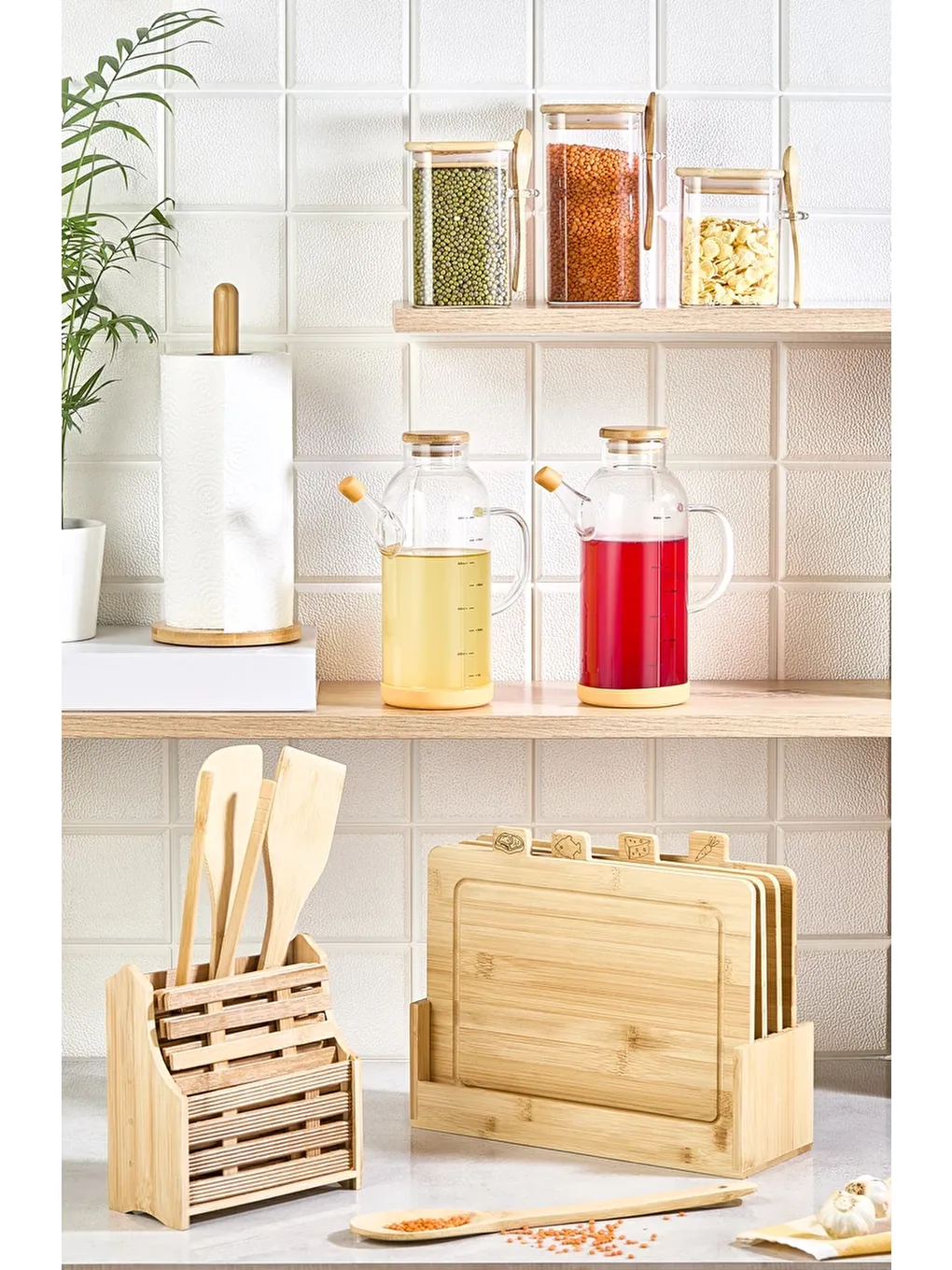 Karışık 20 Parça Tezgah Üstü Bambu Set - Kesme Tahtası, Yağdanlık, Kavanoz, Havluluk, Kaşıklık, Nihale Seti