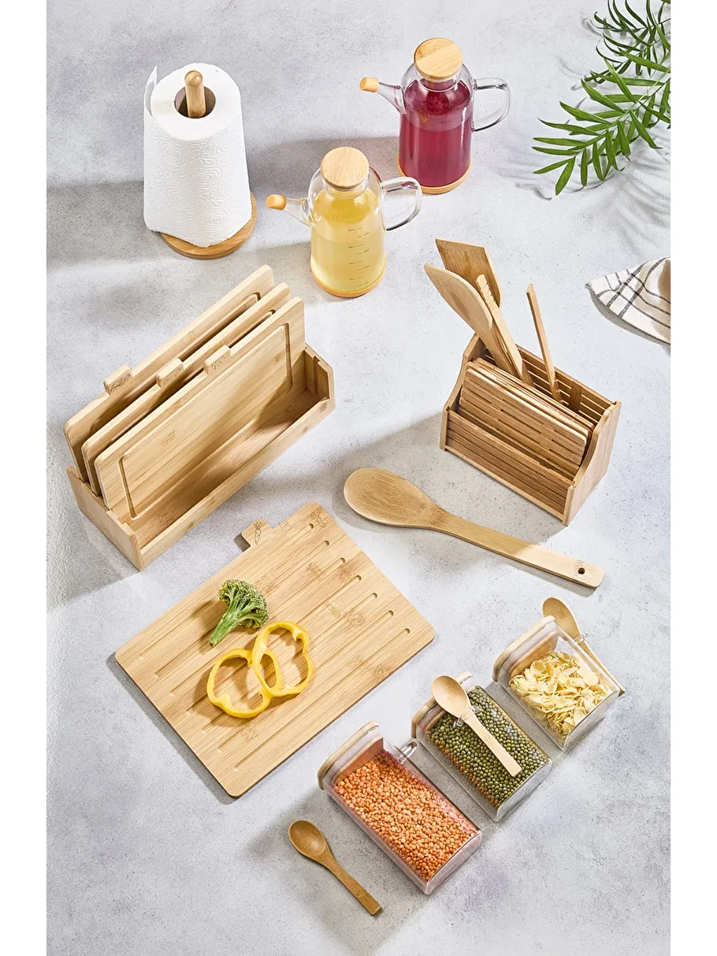 Karışık 20 Parça Tezgah Üstü Bambu Set - Kesme Tahtası, Yağdanlık, Kavanoz, Havluluk, Kaşıklık, Nihale Seti-1