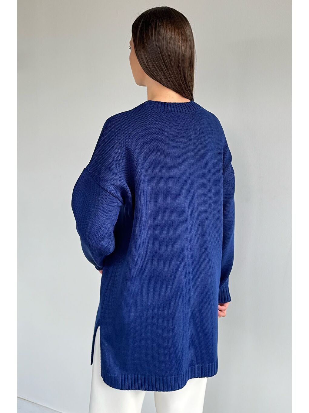 Lacivert Kadın Bisiklet Yaka Yırtmaçlı Triko Tunik-3