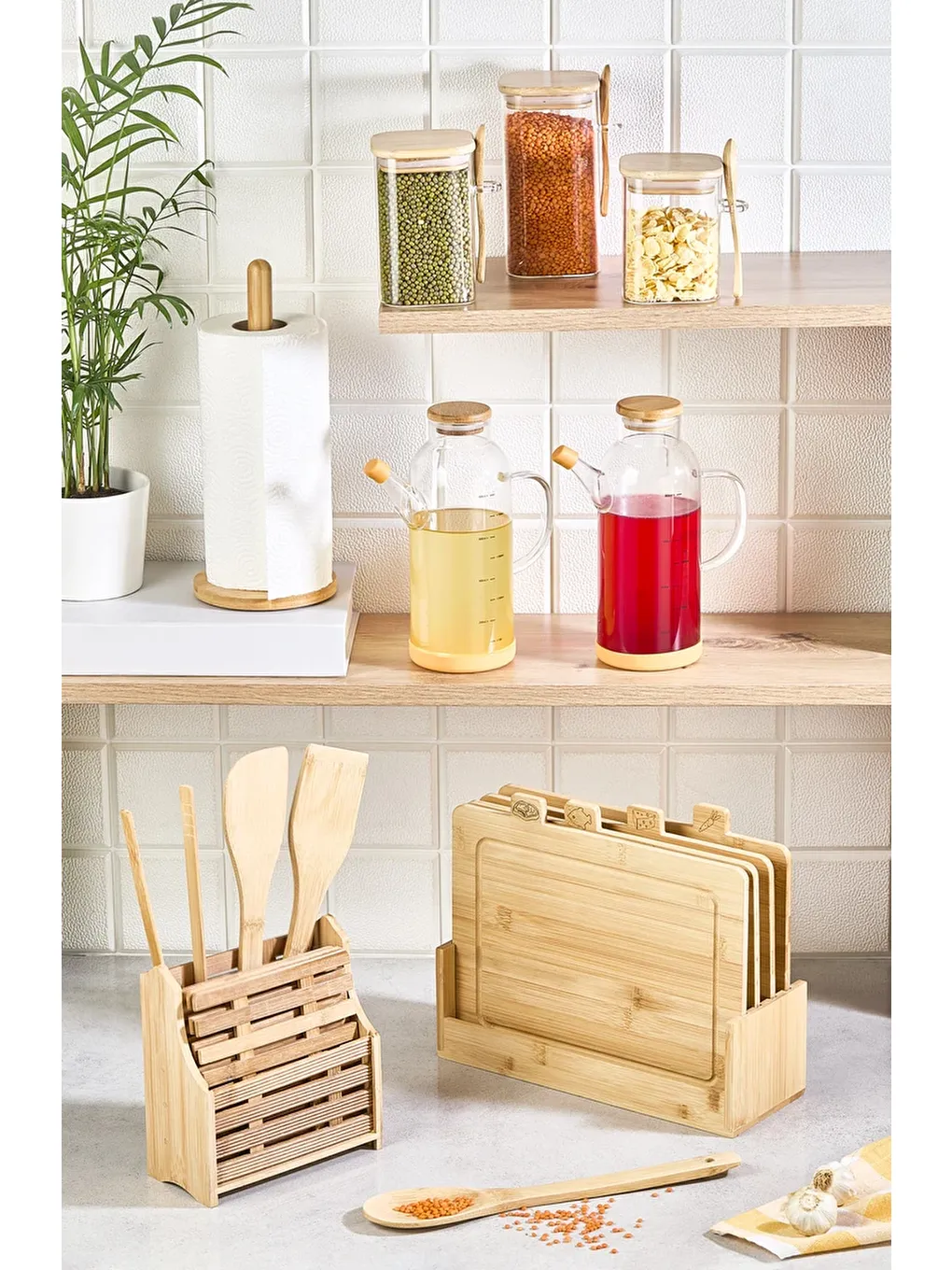 Karışık 20 Parça Tezgah Üstü Bambu Set - Kesme Tahtası, Yağdanlık, Kavanoz, Havluluk, Kaşıklık, Nihale Seti-2