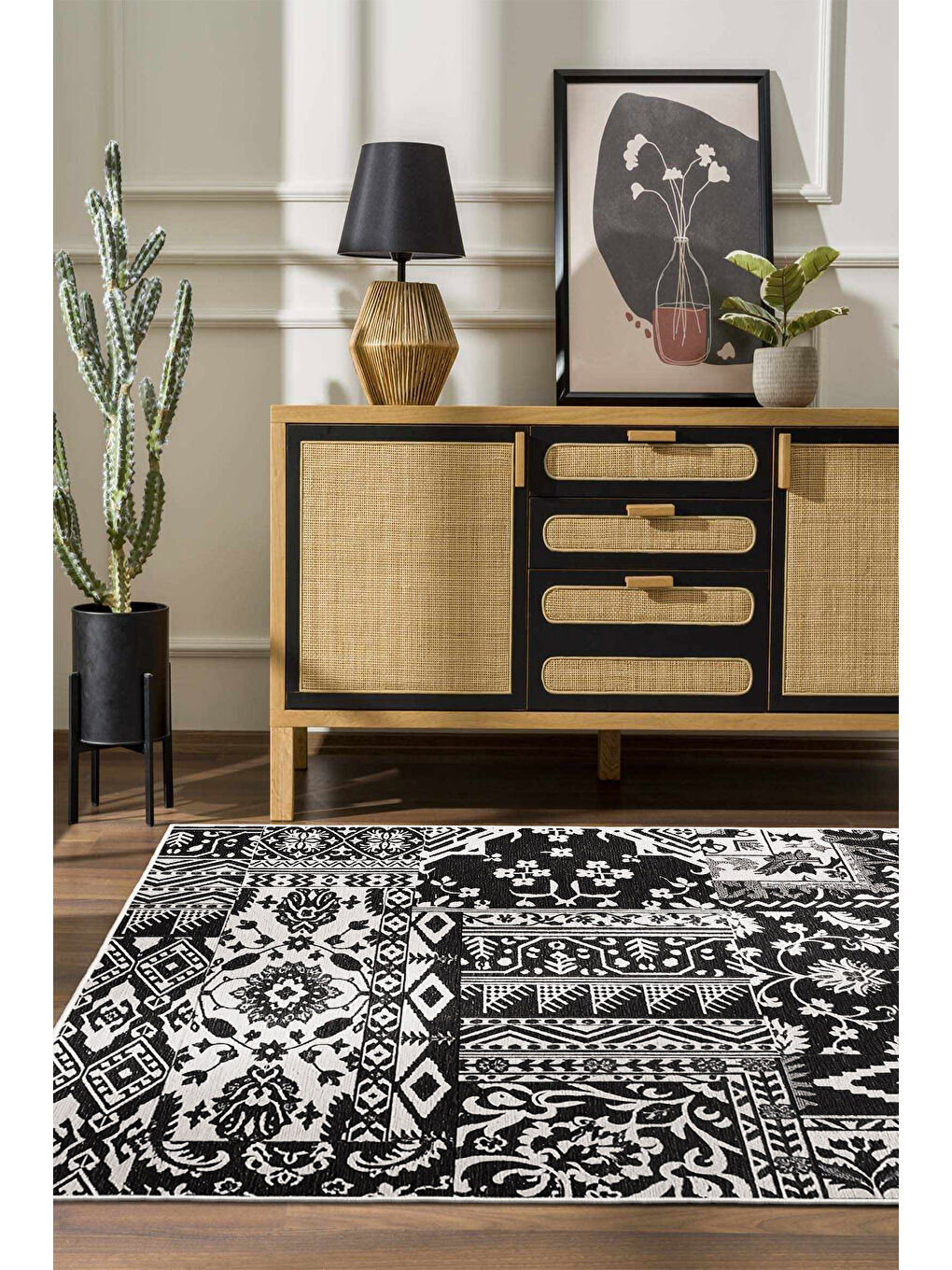 Siyah Dekoratif Özel Tasarım Yıkanabilir İnce Kaymaz Tabanlı Modern Halı KECE FR29-1