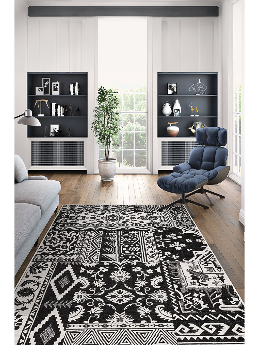 Siyah Dekoratif Özel Tasarım Yıkanabilir İnce Kaymaz Tabanlı Modern Halı KECE FR29-2