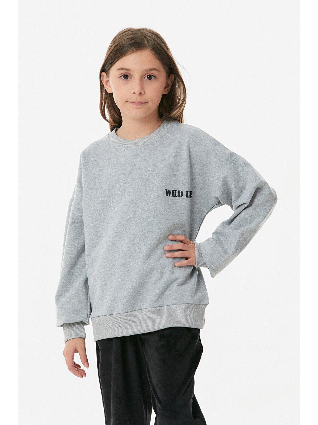 Gri Önü Ve Arkası Baskılı Kız Çocuk Sweatshirt-1
