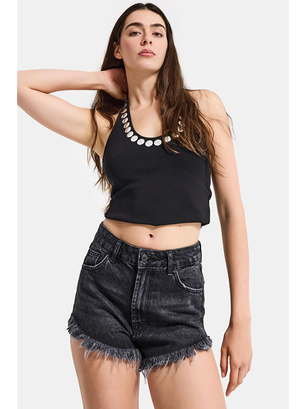 Gri Kadın Koyu Füme 2s6-1 Mini Boy Denim Şort-5