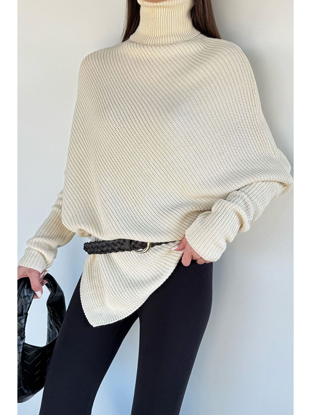 Ekru Kadın Boğazlı Triko Kazak-2
