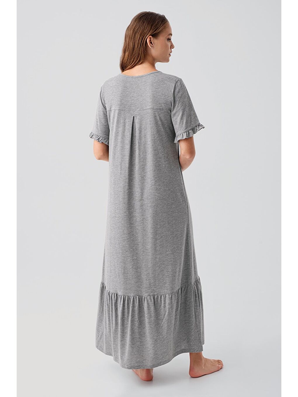 Gri Kısa Kollu Düğmeli Fırfırlı Pamuklu Uzun Gecelik 19117-6