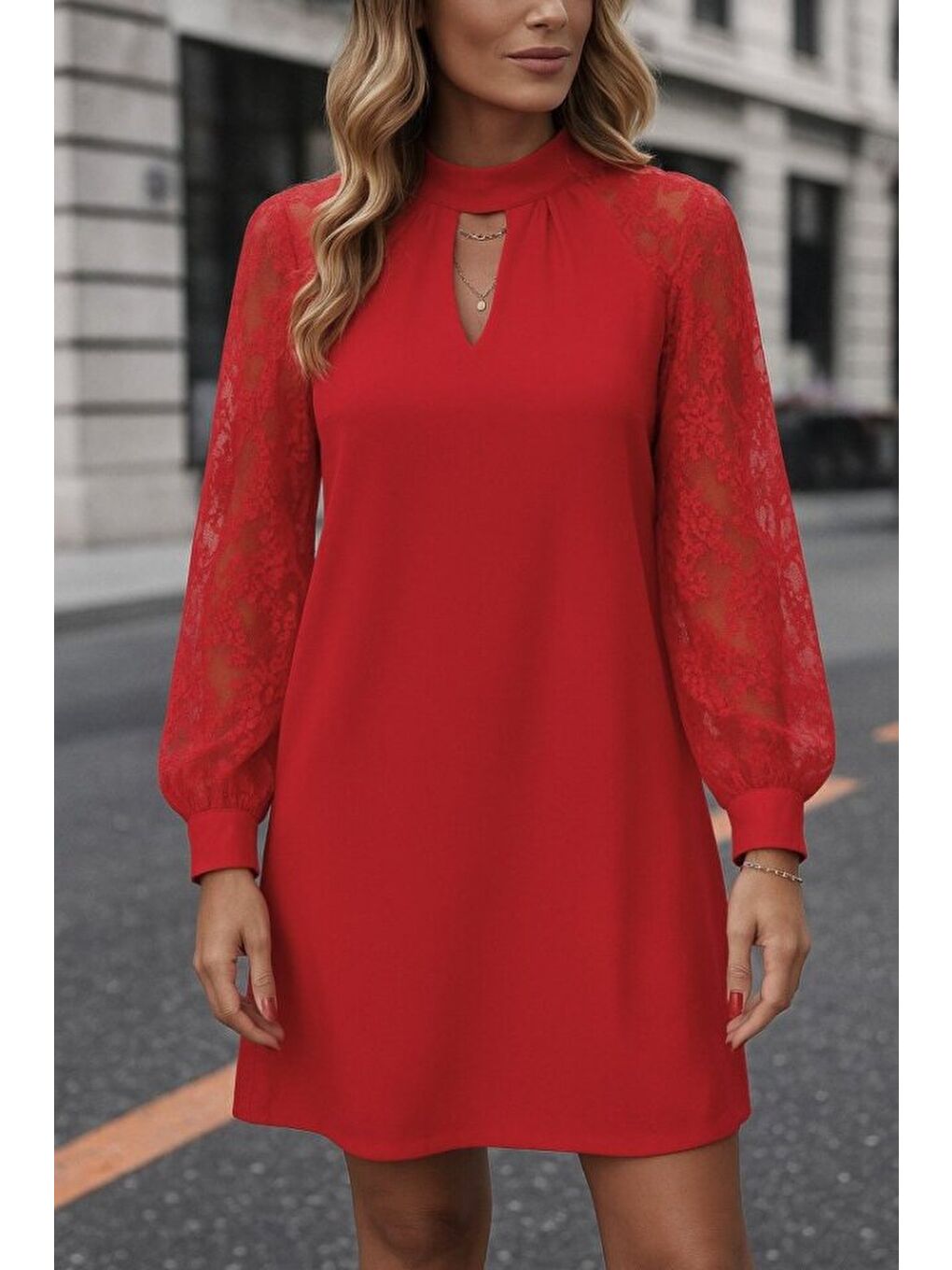 Kırmızı Kadın Uzun Kollu Damla Detaylı Sandy Mini Elbise-2