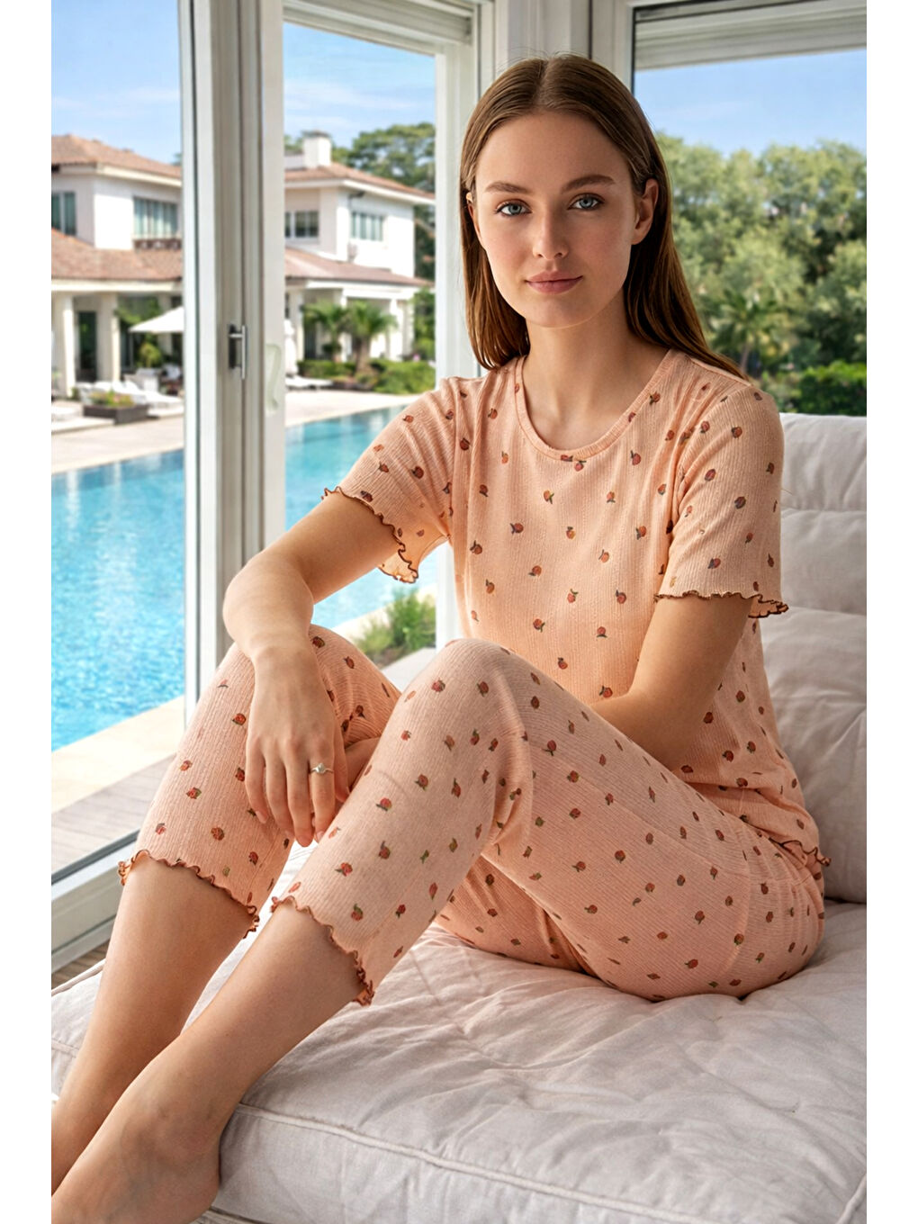 Pembe Kadın Desenli Pamuklu Kısa Kol Pointelle Kumaş Pijama Takımı 70753-3151 Somon-3