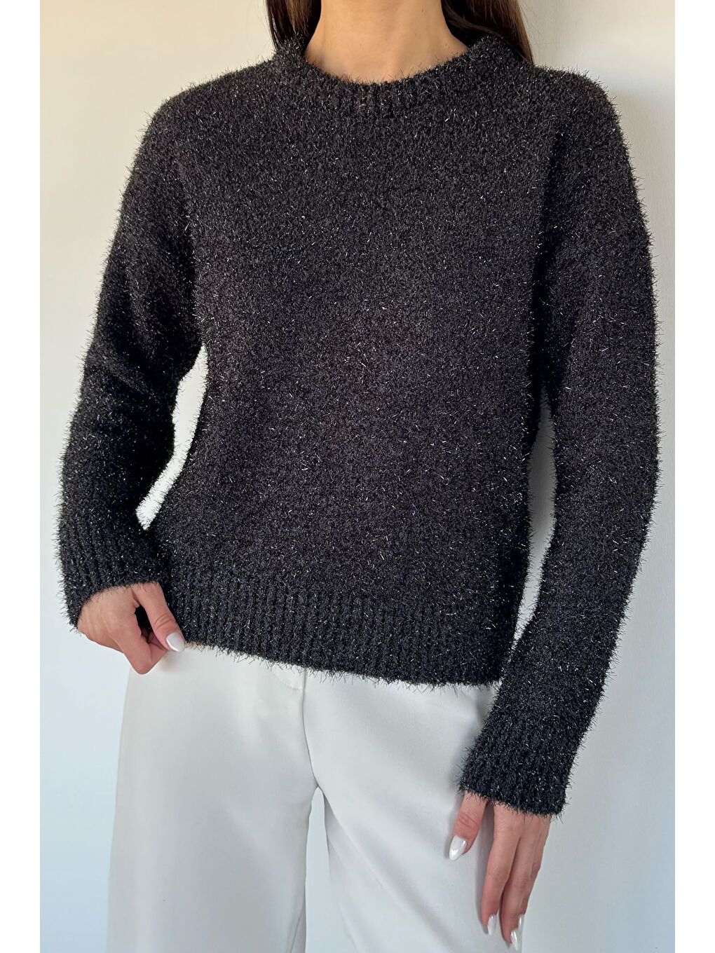 Siyah Kadın Simli Triko Kazak