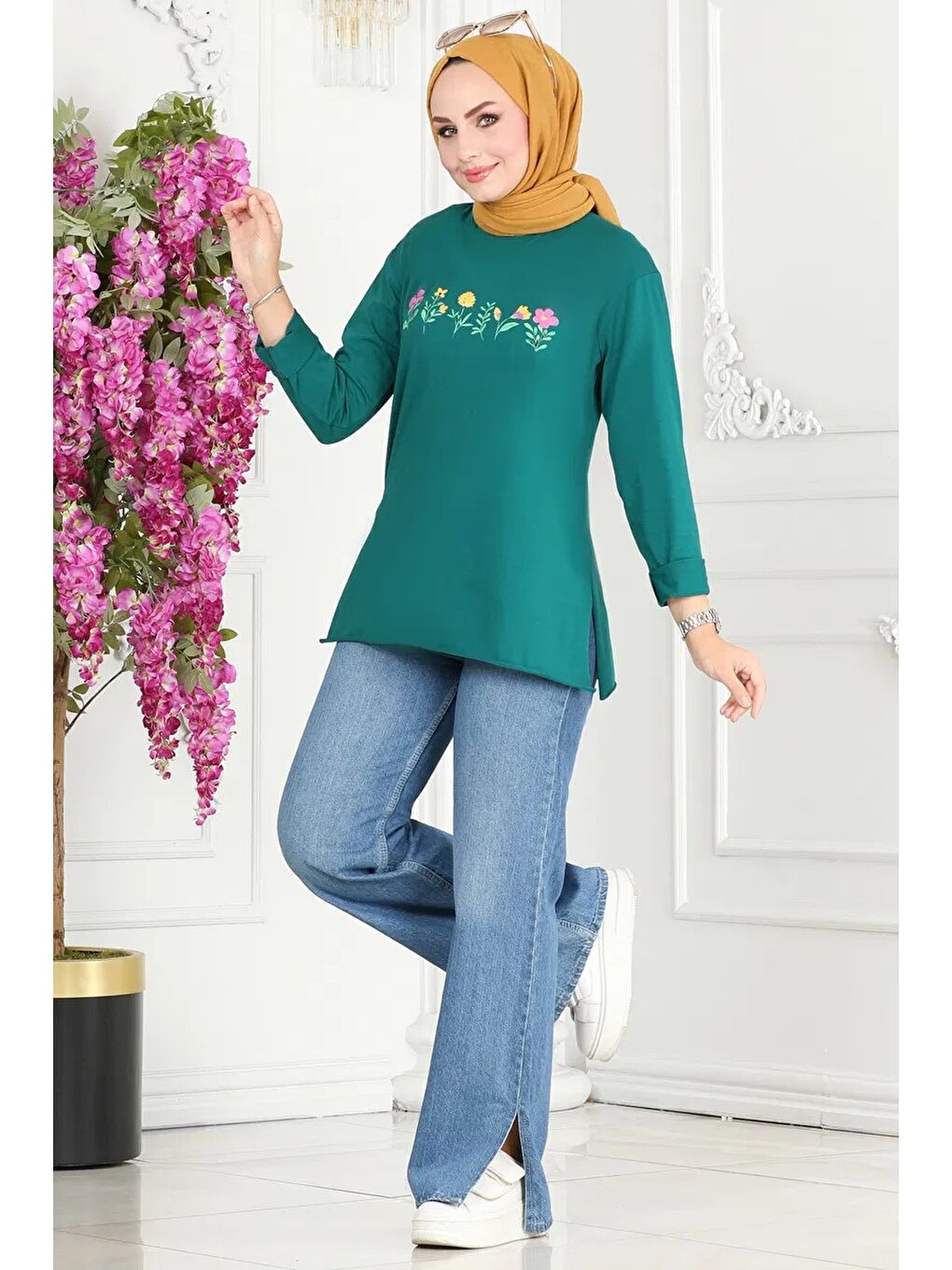 Yeşil Kadın Bisiklet Yaka Çiçek Baskılı Tunik Zümrüt - 26628-2