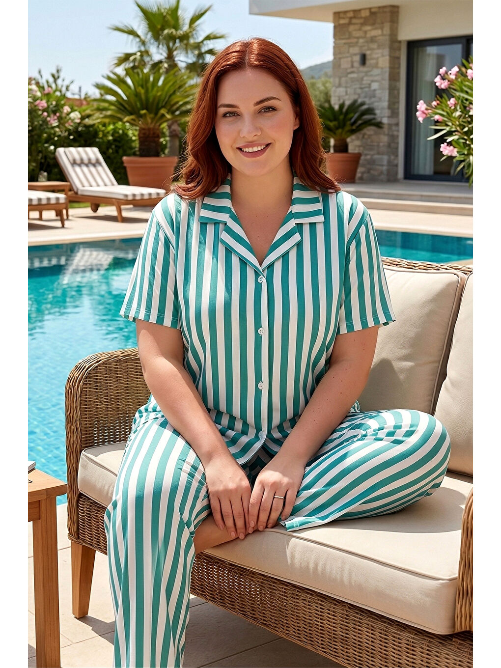 Büyük Beden Kadın Kısa Kol Milan Kumaş Pijama Takımı 50501-1970 Yeşil01