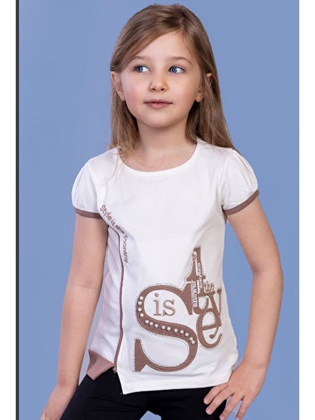 Bej Kız Çocuk Tişört Star Garnili Nakışlı