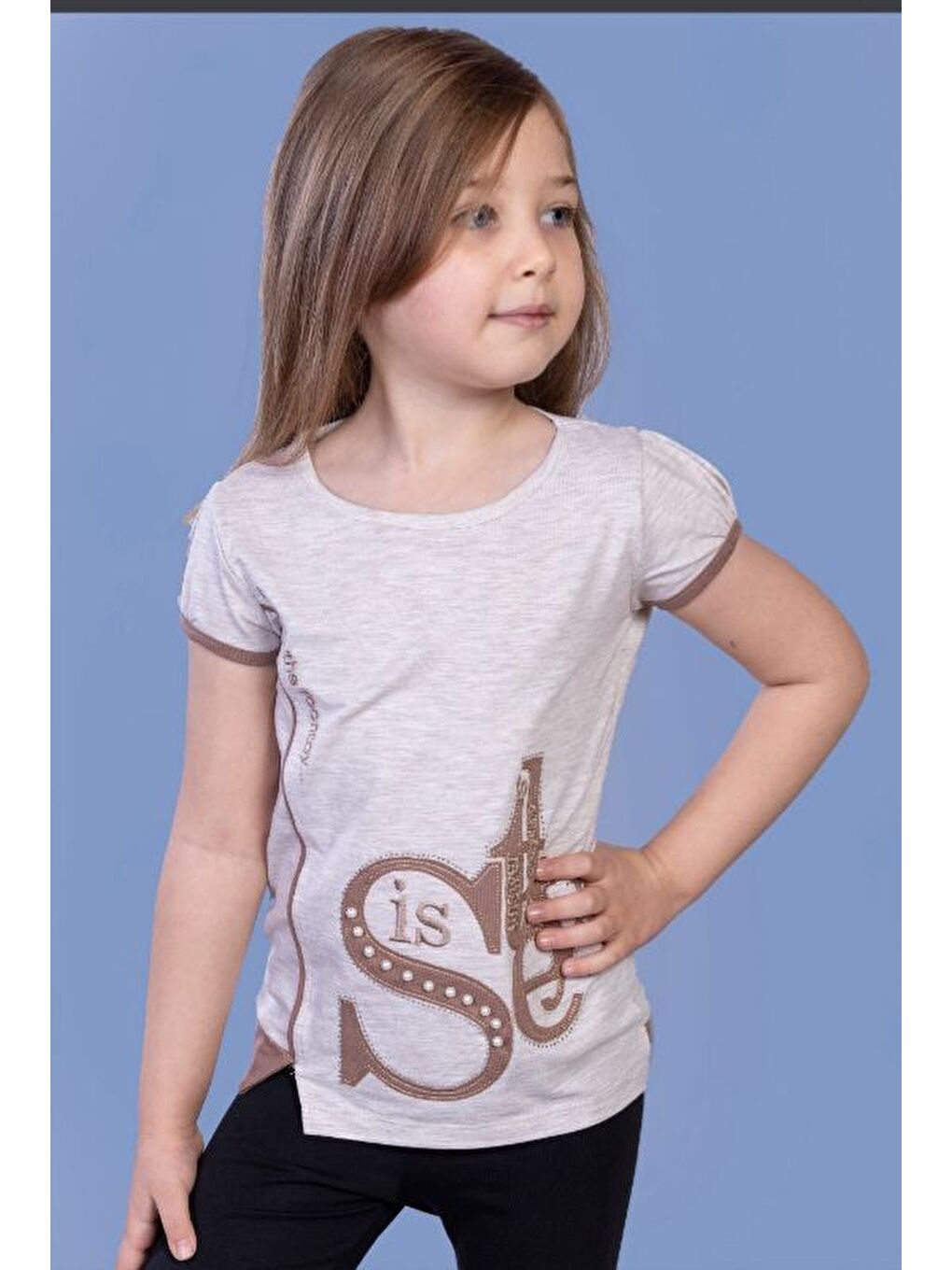 Bej Kız Çocuk Tişört Star Garnili Nakışlı-1