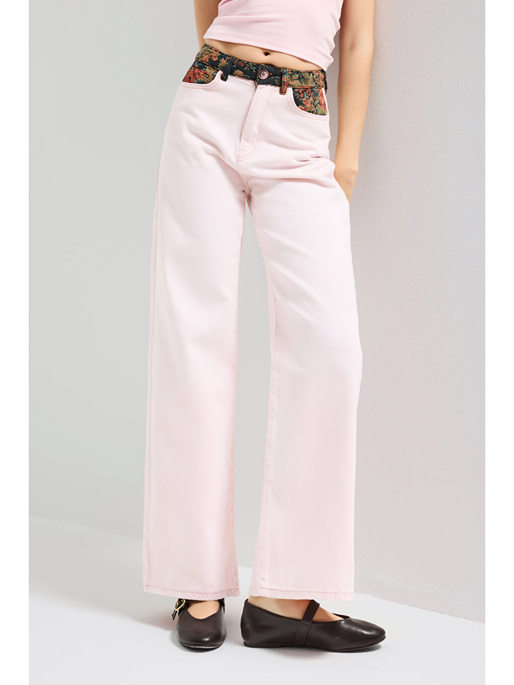 Kadın Pembe 3s6-98 Wide Leg Etnik Desenli Tasarım Denim Jean
