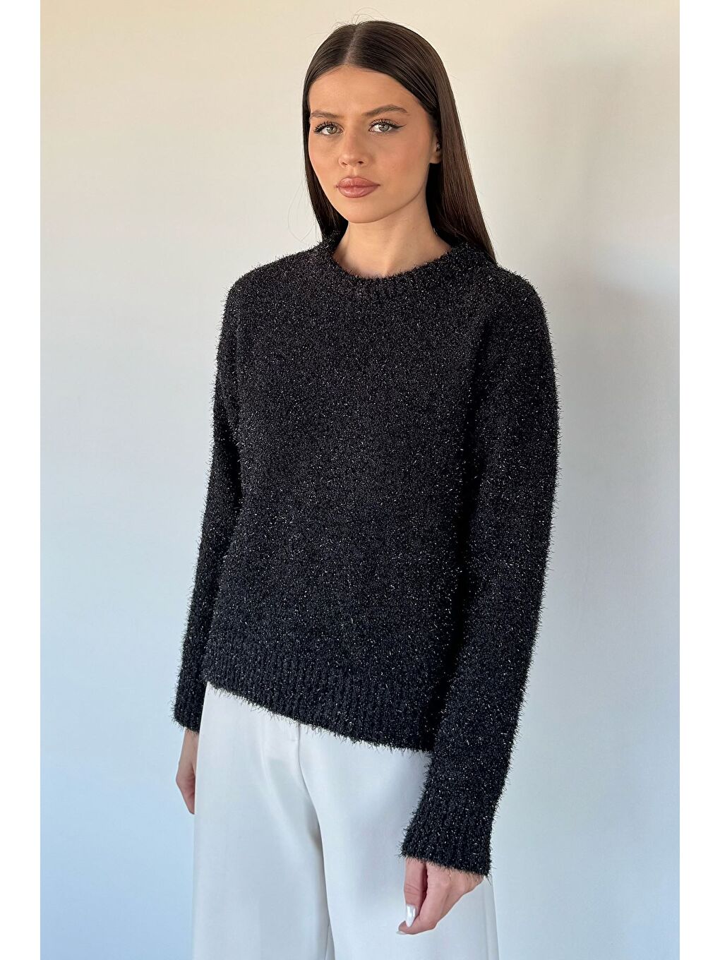 Siyah Kadın Simli Triko Kazak-1