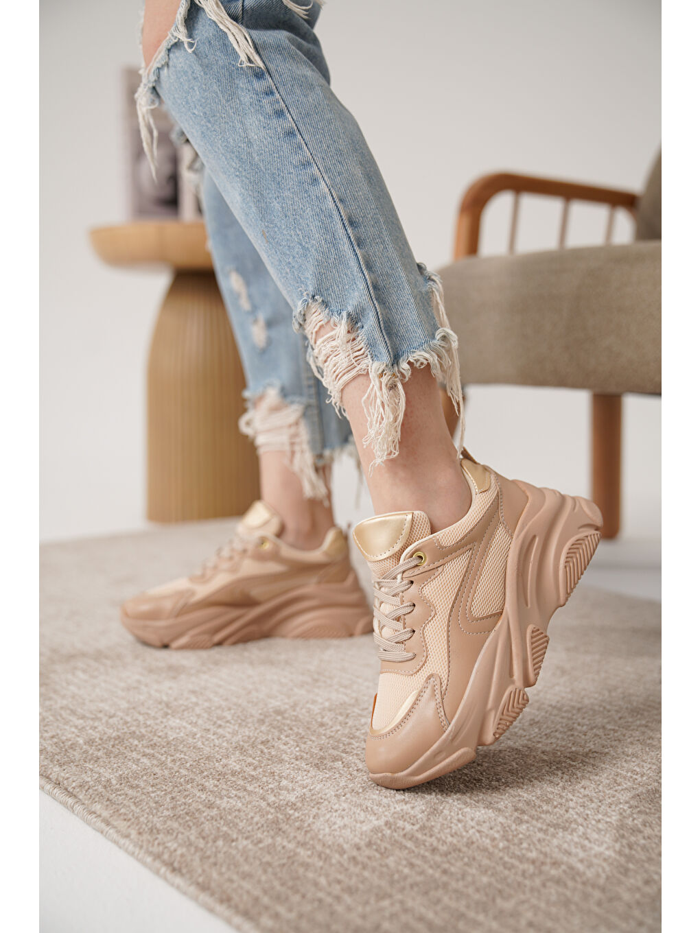 Bej D383 Günlük Ortopedik Kadın Sneaker Spor Ayakkabı-1