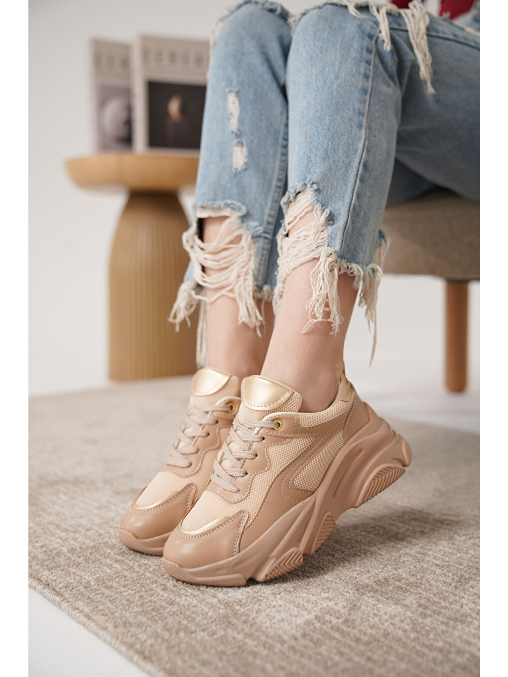 Bej D383 Günlük Ortopedik Kadın Sneaker Spor Ayakkabı-2