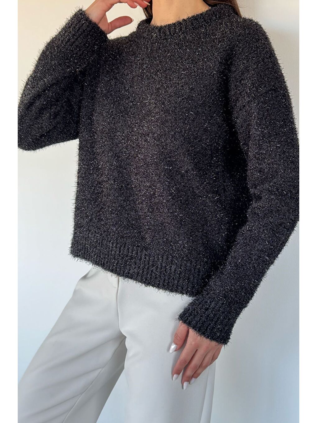 Siyah Kadın Simli Triko Kazak-2