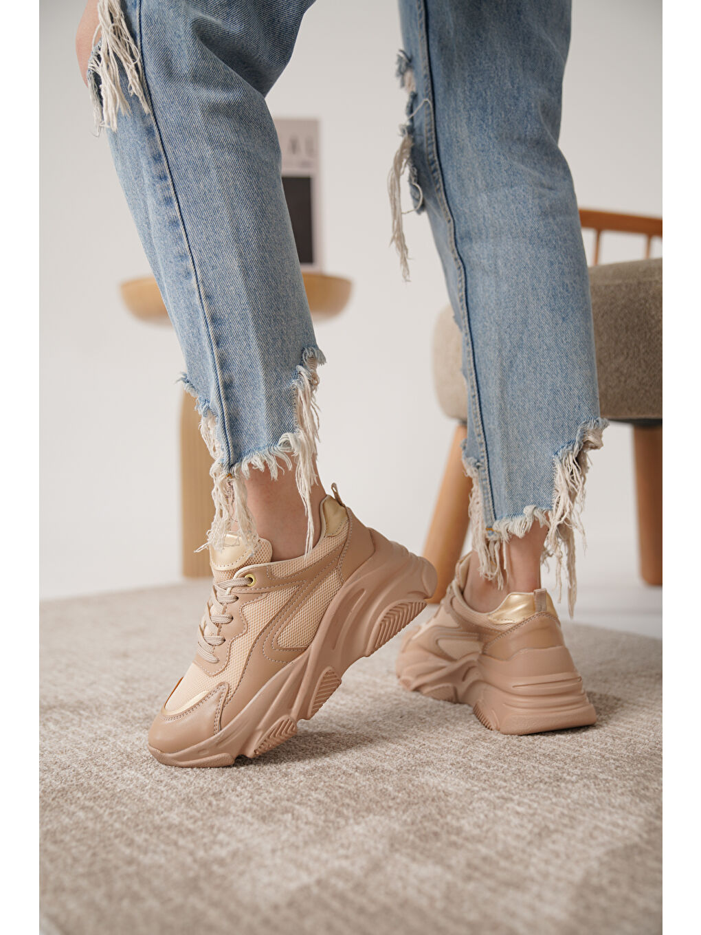 Bej D383 Günlük Ortopedik Kadın Sneaker Spor Ayakkabı-3