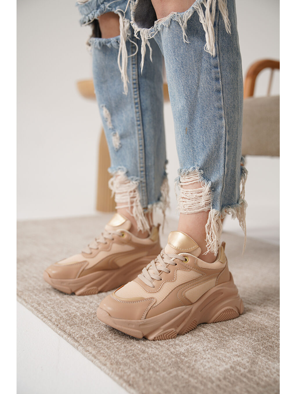 Bej D383 Günlük Ortopedik Kadın Sneaker Spor Ayakkabı-4