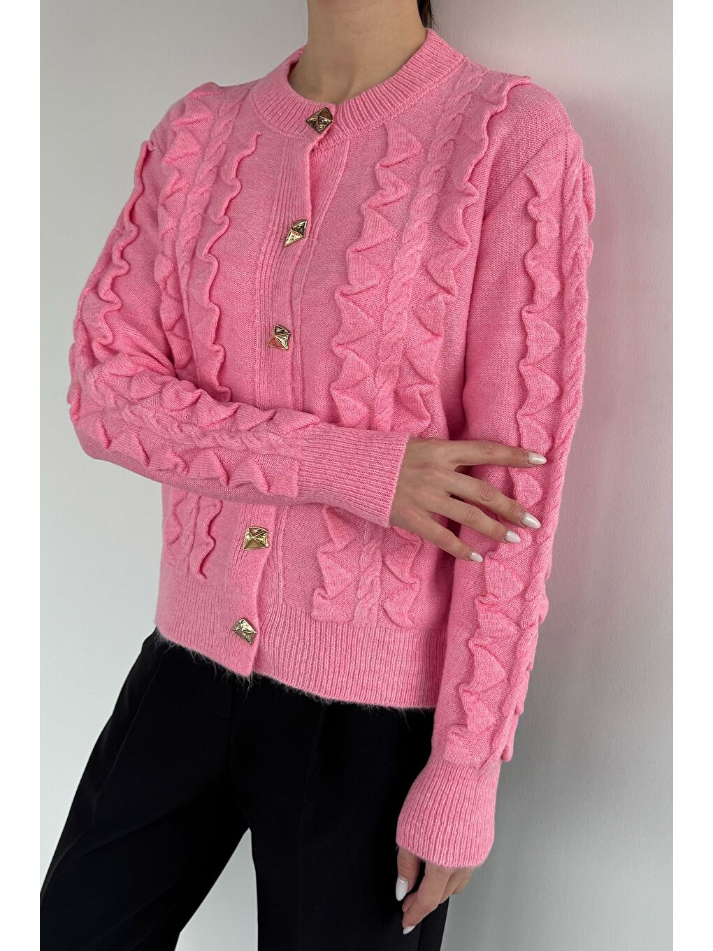 Pembe Kadın Gold Düğme Detaylı Triko Hırka-2