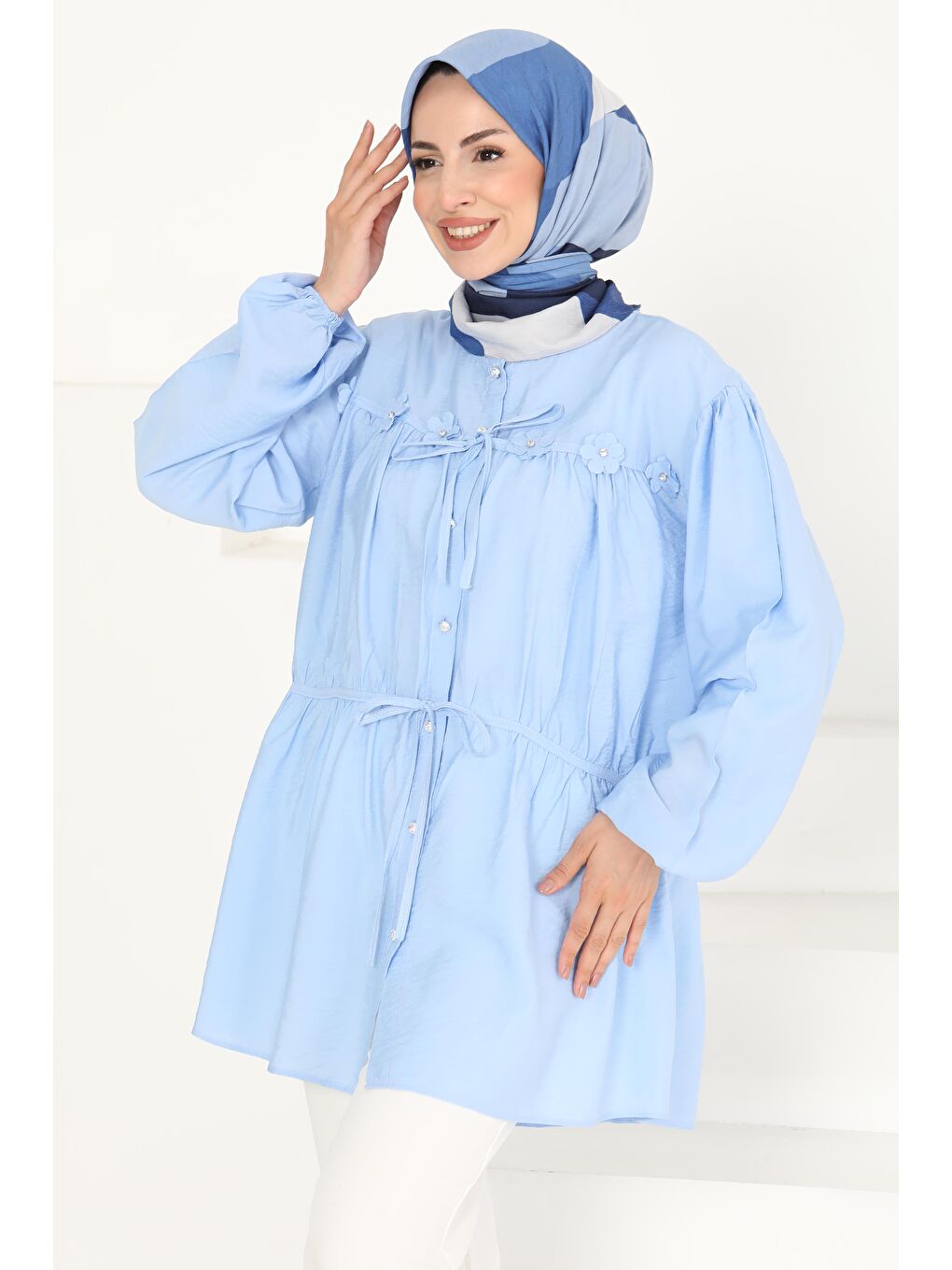 Çiçek İnci Detaylı Tunik Bebe Mavi - 27273