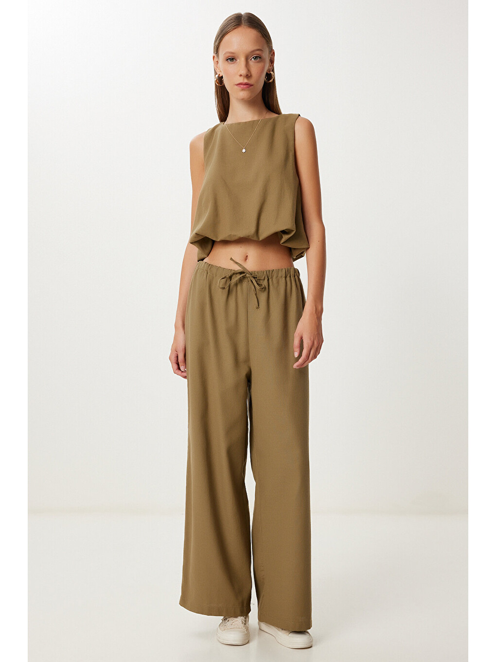 Haki Keten Culotte Pantolon Bluz Takım HAKİ LRV0116
