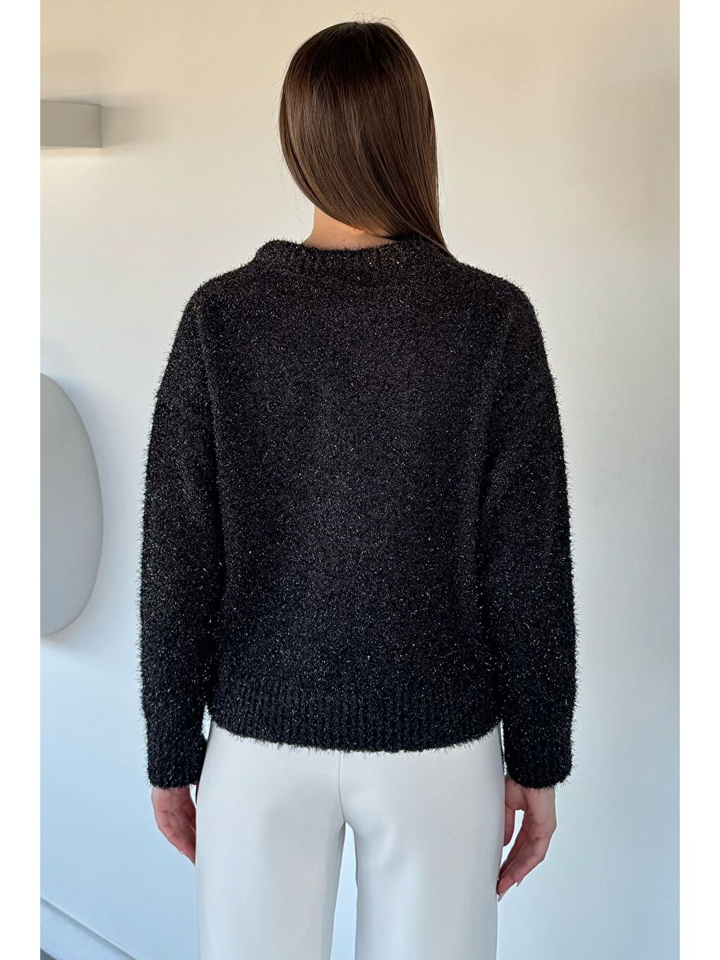 Siyah Kadın Simli Triko Kazak-3