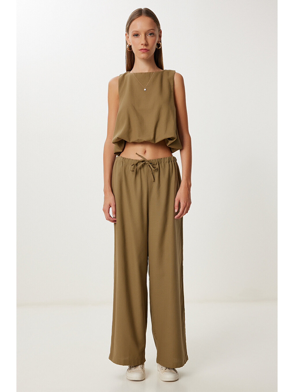 Haki Keten Culotte Pantolon Bluz Takım HAKİ LRV0116-1