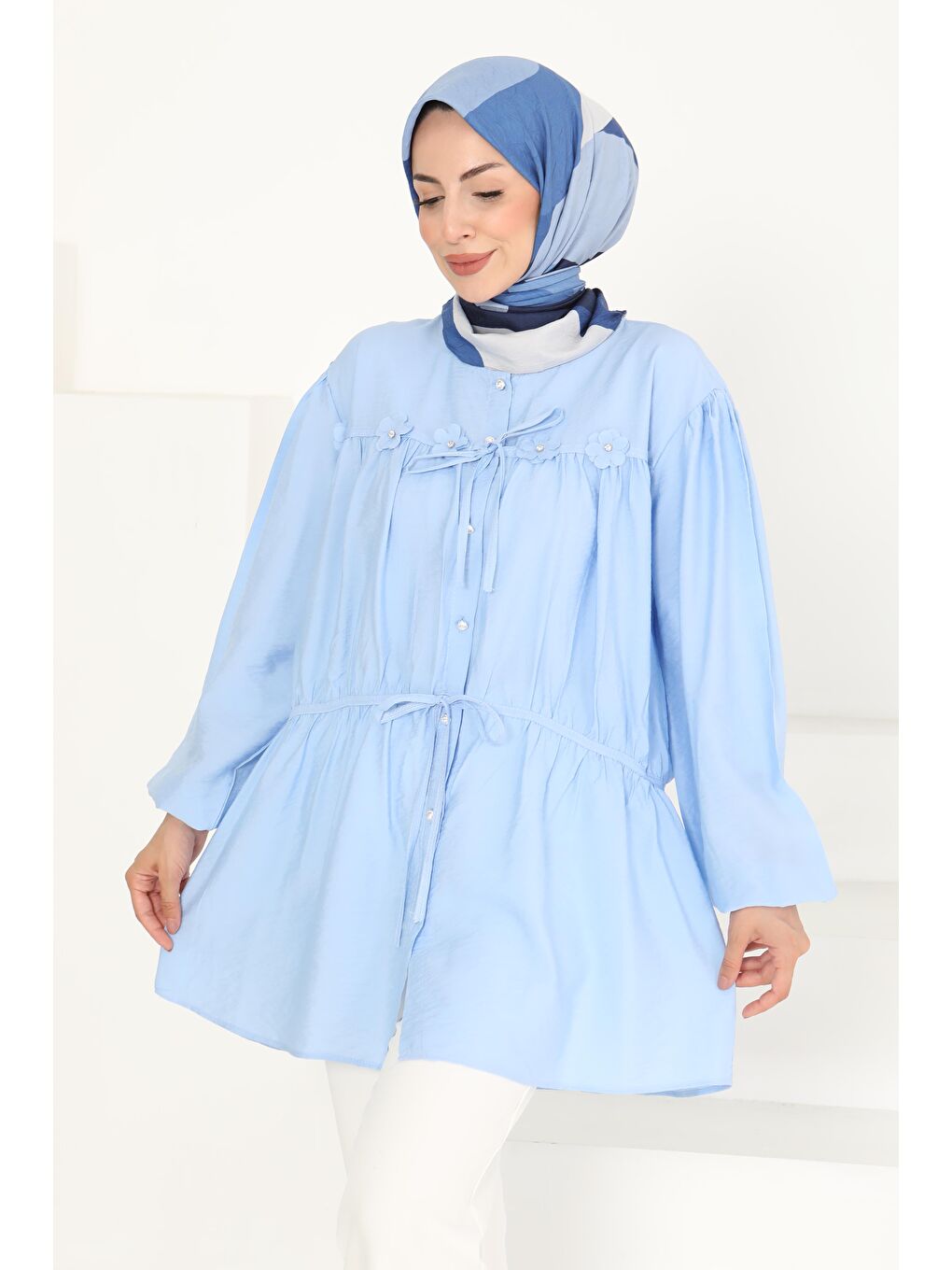 Çiçek İnci Detaylı Tunik Bebe Mavi - 27273-1