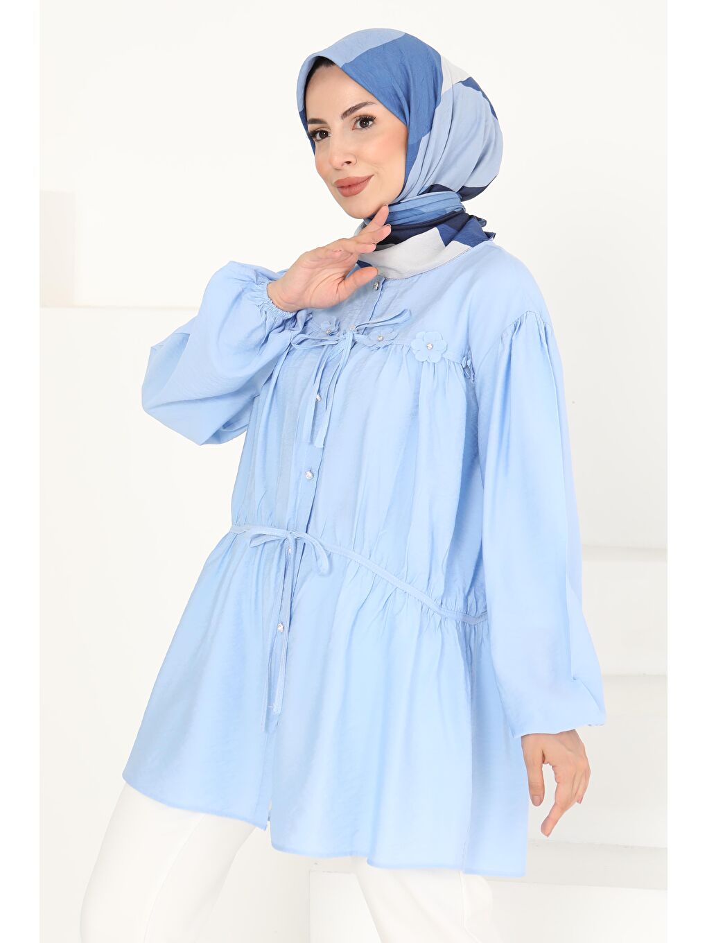 Çiçek İnci Detaylı Tunik Bebe Mavi - 27273-2