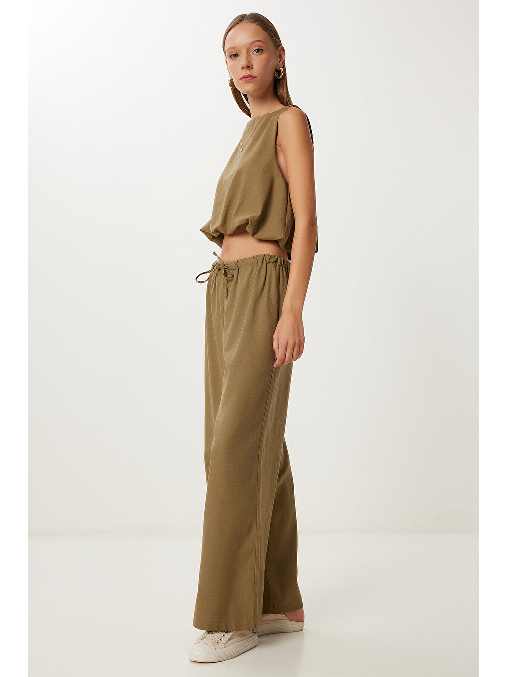 Haki Keten Culotte Pantolon Bluz Takım HAKİ LRV0116-2