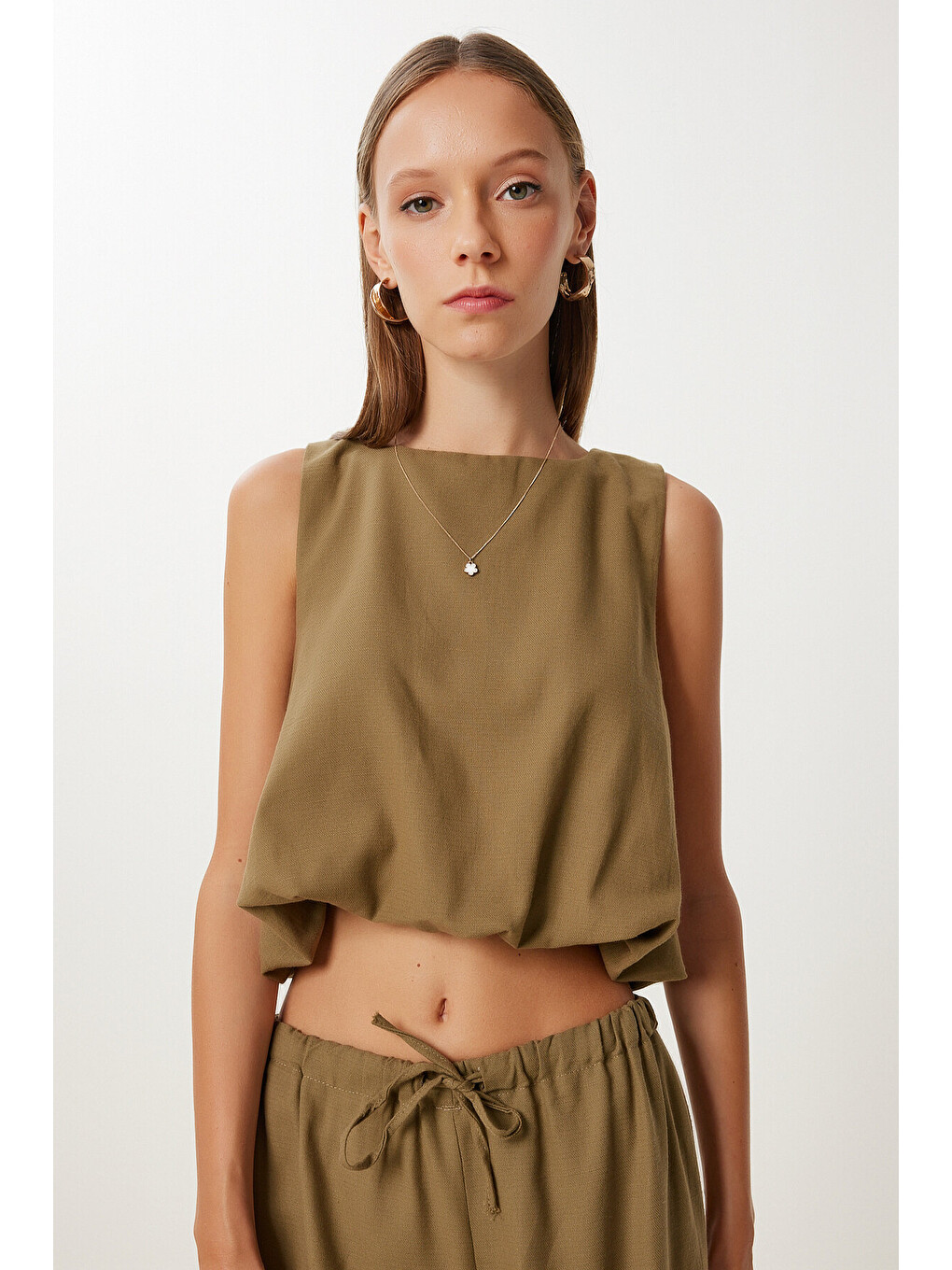 Haki Keten Culotte Pantolon Bluz Takım HAKİ LRV0116-3