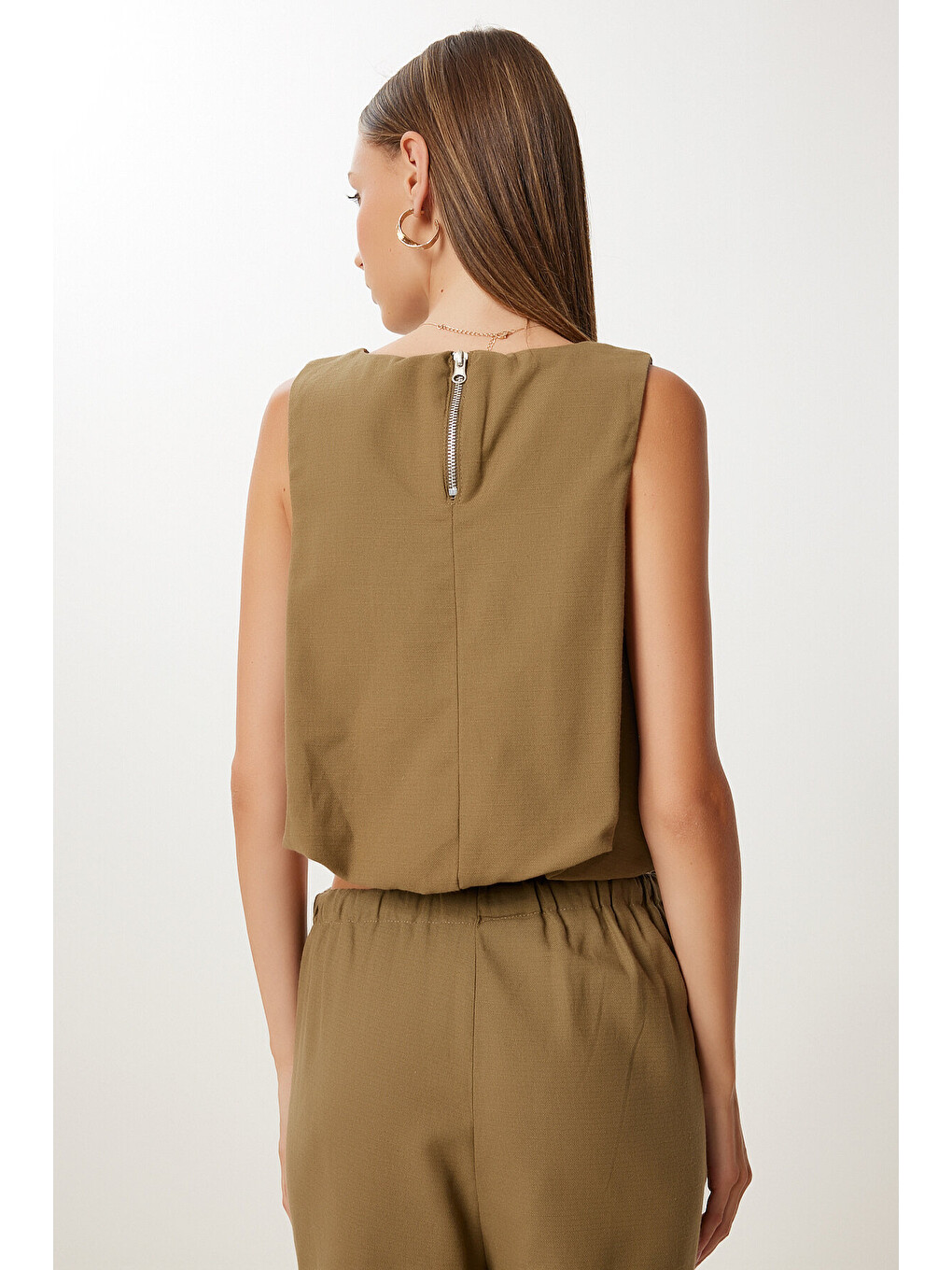 Haki Keten Culotte Pantolon Bluz Takım HAKİ LRV0116-4