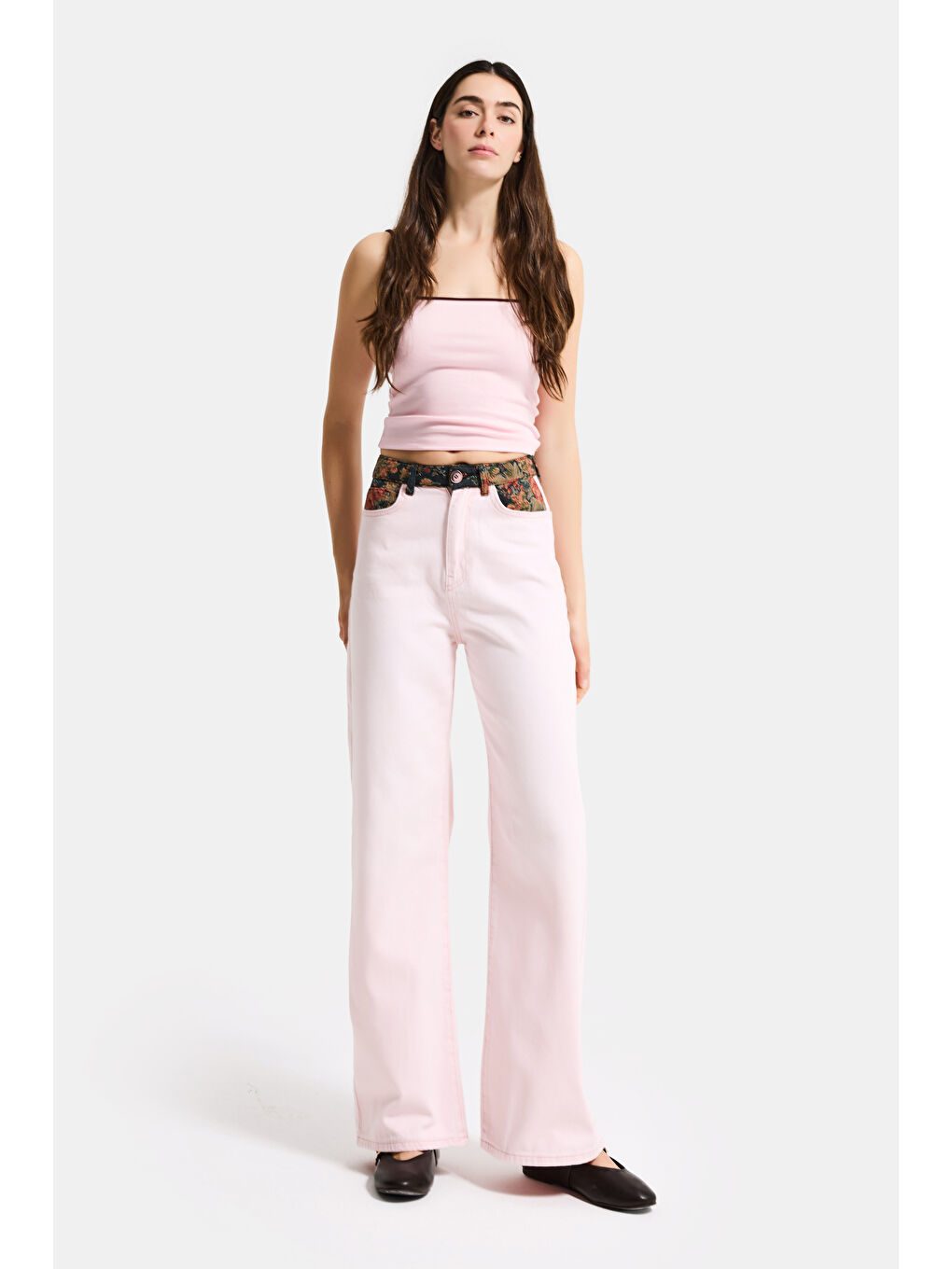 Kadın Pembe 3s6-98 Wide Leg Etnik Desenli Tasarım Denim Jean-2