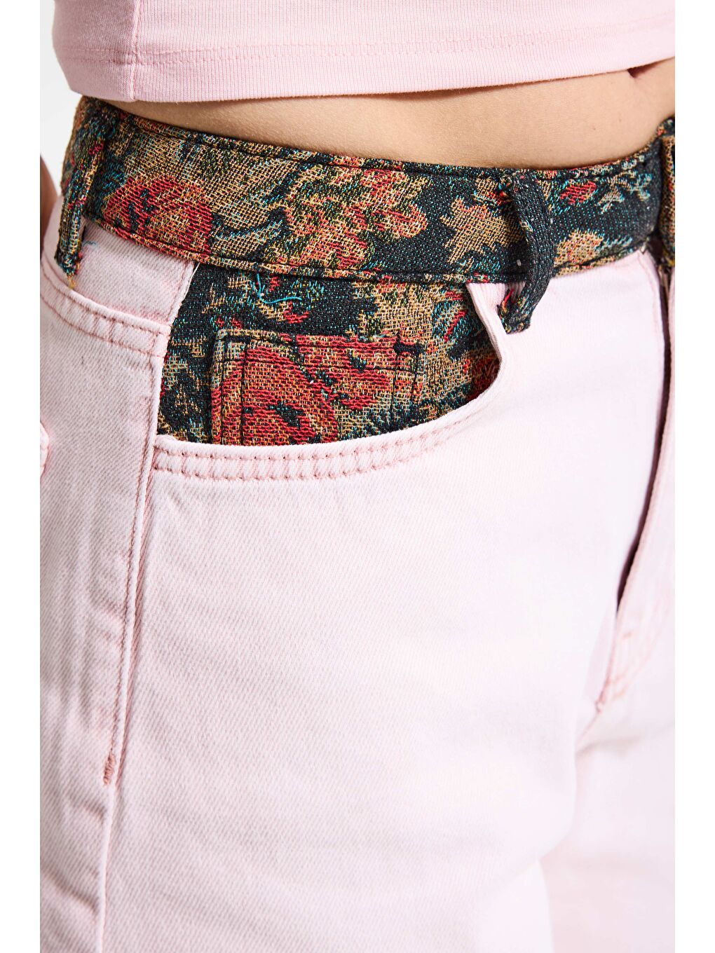 Kadın Pembe 3s6-98 Wide Leg Etnik Desenli Tasarım Denim Jean-3