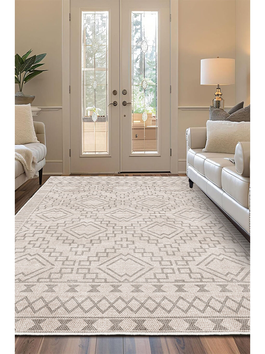 Bej Dekoratif Özel Tasarım Yıkanabilir İnce Kaymaz Tabanlı Modern Halı KECE FR28-2