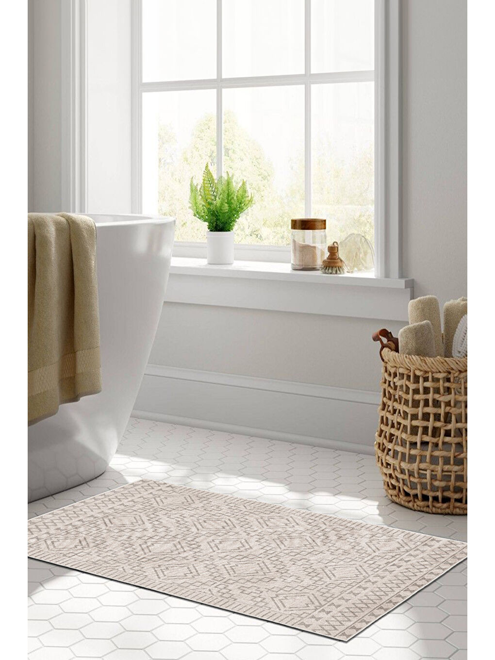 Bej Dekoratif Özel Tasarım Yıkanabilir İnce Kaymaz Tabanlı Modern Halı KECE FR28-3