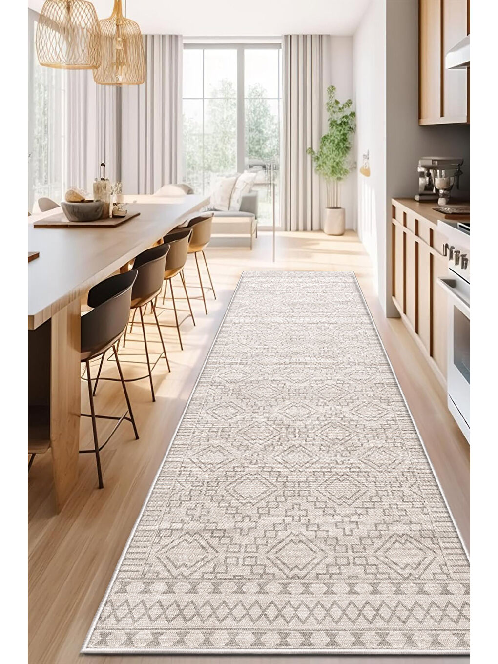 Bej Dekoratif Özel Tasarım Yıkanabilir İnce Kaymaz Tabanlı Modern Halı KECE FR28-4