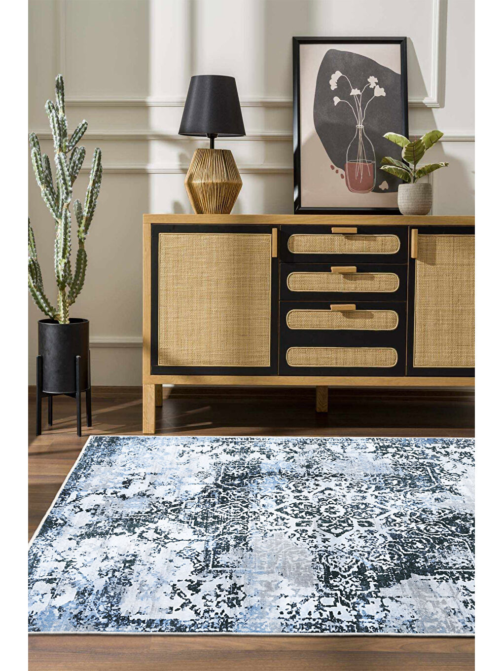 Mavi Dekoratif Özel Tasarım Yıkanabilir İnce Kaymaz Tabanlı Modern Halı KECE FR33-1