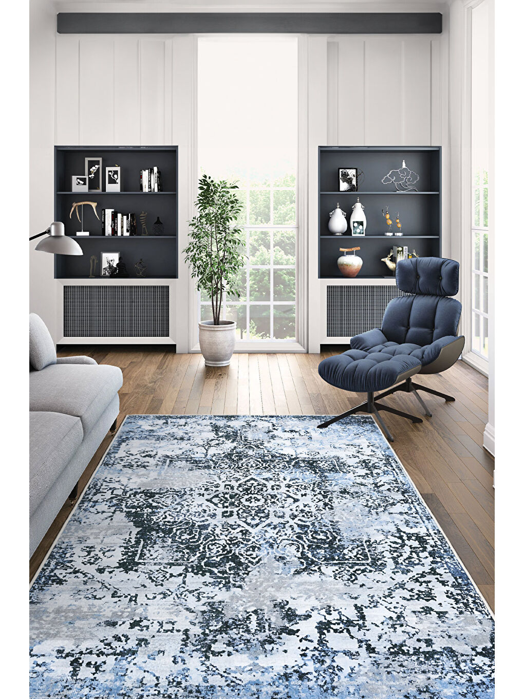 Mavi Dekoratif Özel Tasarım Yıkanabilir İnce Kaymaz Tabanlı Modern Halı KECE FR33-2