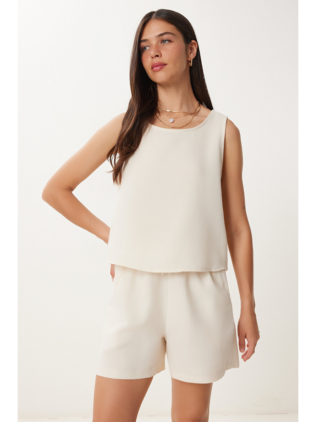 Ekru Müslin Bluz Şort Takım Krem Lmc0063-2